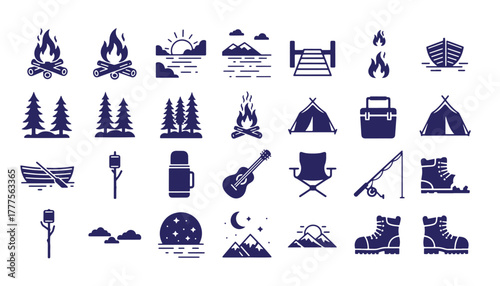 Collection of outdoor adventure and camping icons