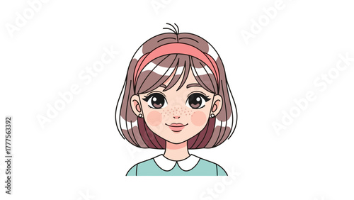 Animated girl with short brown hair headband and freckles