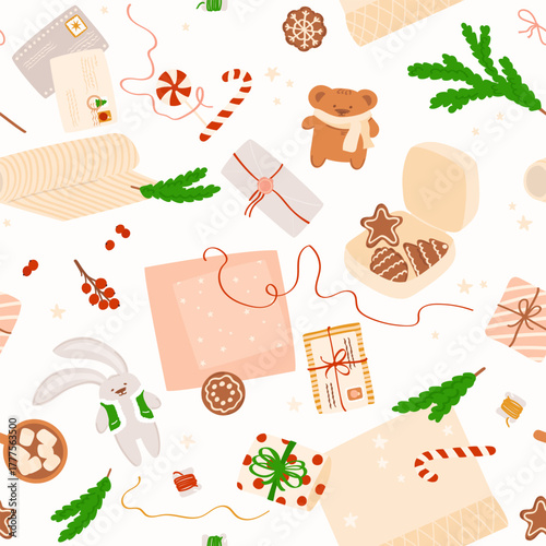 Preparing Christmas gifts. Natural materials for gift, berries, gingerbread cookies, homemade toys. Eco friendly concept. Vector seamless pattern for wrapping paper, fabric, textile.