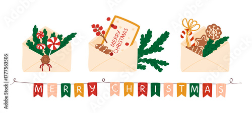 Christmas and New Year holidays envelopes set. Xmas Mail with festive decor and garland. Postcards, candies, fir branches, gingerbread cookies. Vector illustration isolated on white background.