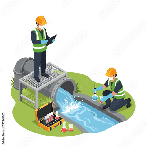 Two workers in safety gear inspecting and sampling water from a drainage tunnel with a toolbox and equipment.