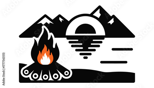 Campfire and tent by mountains and lake