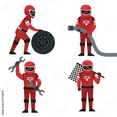 Illustration of four red race car drivers changing a tire, refueling, holding a wrench and a checkered flag on a white background.