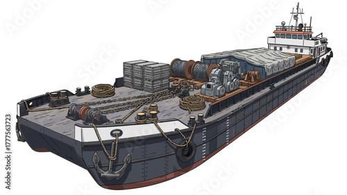 Barge carrying cargo including crates cables and machinery with a towboat at the stern
