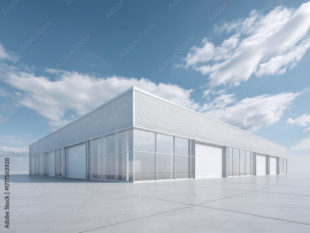 Obraz premium Modern Architectural Design: A contemporary warehouse, designed with clean lines and large glass windows, stands against a bright sky, emphasizing its sleek design and modern functionality.