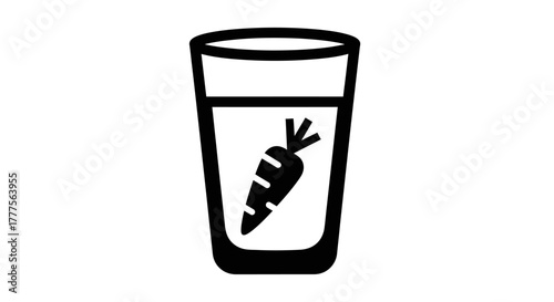 Black and white graphic of a carrot submerged in a glass of liquid.