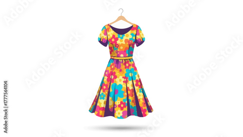 Colorful floral dress on a hanger