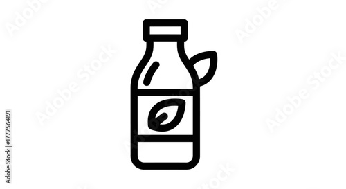 Simple black and white illustration of a bottle with a leaf symbol, representing a healthy drink.