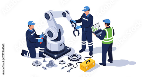 Illustration of three industrial workers collaborating with a robotic arm and tools in a factory setting with a clean and industrial mood.
