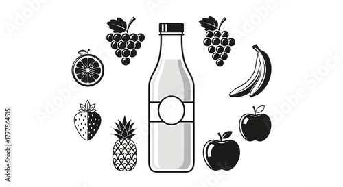 A bottle of beverage surrounded by various fresh, ripe fruits.