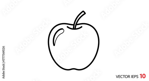 Simple line drawing of an apple with a stem and a leaf detail, isolated on white.