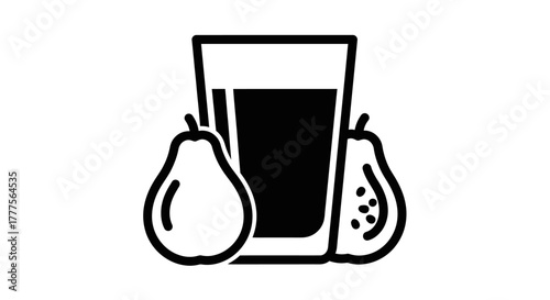 A glass of juice is flanked by a pear and a half pear.