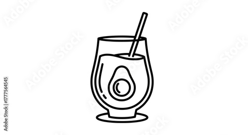 Line art illustration of a glass filled with liquid and an avocado half, featuring a straw.