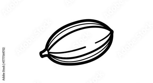 A stylized, black and white line drawing of a cardamom pod, showing its ribbed texture.