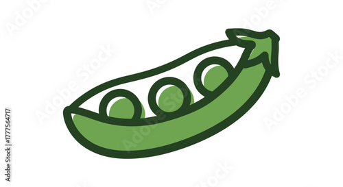 Illustration of a green pea pod with three round peas inside, isolated.