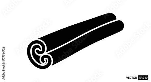 A black silhouette illustration of a cinnamon stick with visible swirls, isolated on a white background.