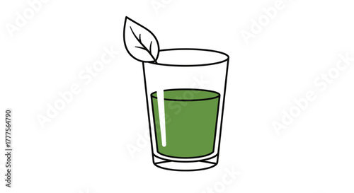 Simple illustration of a green juice in a glass, garnished with a leaf.