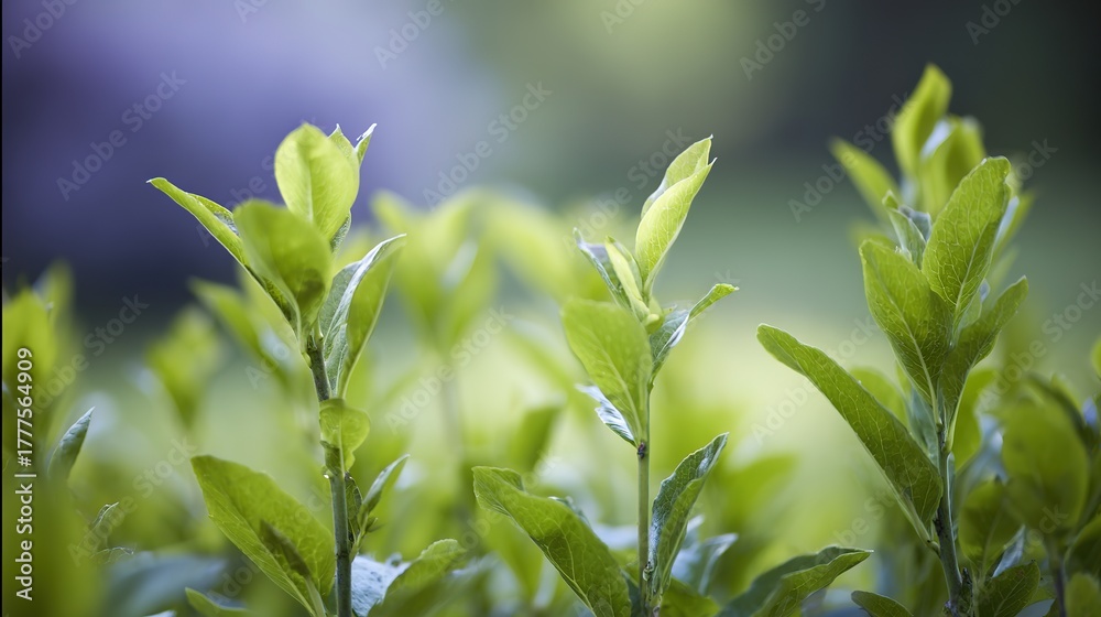 Fototapeta premium blueberry. Close-up of lush green blueberry leaves with vibrant natural tones and a softly blurred background. gardening catalogs, home-decor guides, designed for home decor and floral branding.