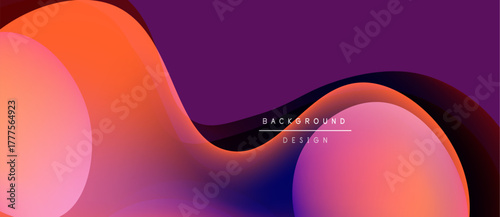 Abstract fluid shapes blend, creating vibrant gradient background. Purple, orange, pink hues dominate composition. Modern design element.