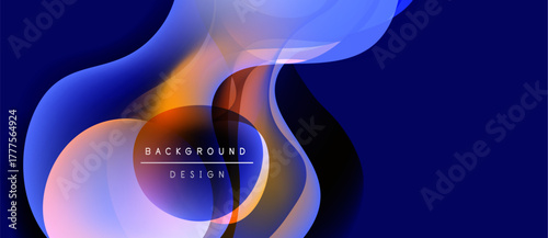 Abstract fluid shapes overlap, creating vibrant color gradients. Blue dominates background, orange accents central design. Modern, dynamic composition.