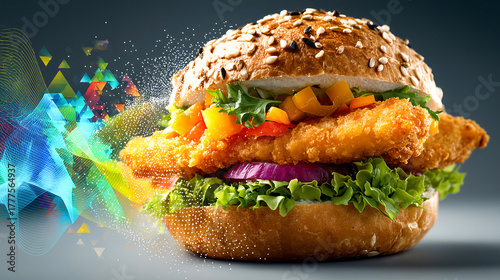 Fish burger fried fish sesame bun lettuce onion pickles sauce colorful abstract polygon wave halftone dotted crunchy gourmet fast food street food lunch dinner snack takeout deli sandwich