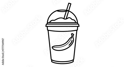 A black and white illustration of a banana smoothie in a plastic cup with a straw.