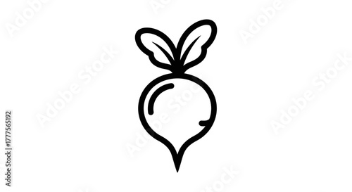 Simple line drawing of a beet with leaves, isolated on a white background.