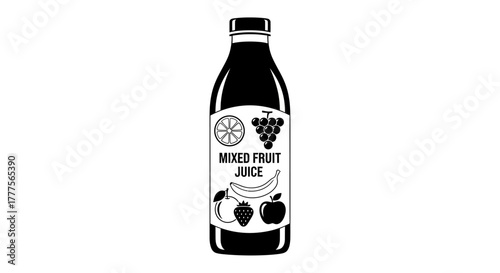 Black and white illustration of a bottle of mixed fruit juice with fruit icons on the label.