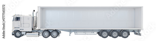 White semi-trailer truck with the side panel removed. Side view, isolated on a transparent background. 3D illustration