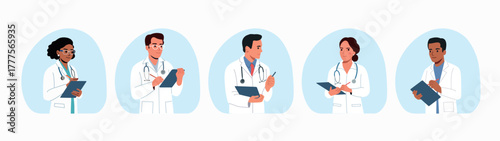 Set of illustrations showing doctors write an anamnesis in the medical record. Vector flat style cartoon illustration