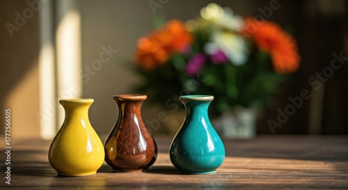 Three colorful vases on a wooden surface, with vibrant flowers in the background and natural light
