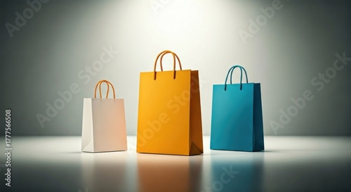 Three colorful shopping bags, centered with spotlight, on a reflective surface