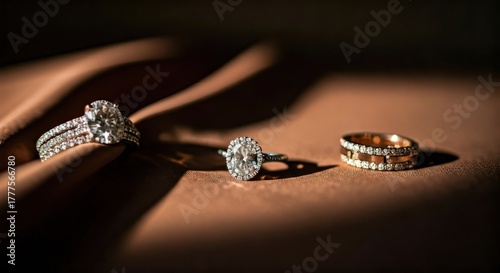 Three wedding rings, including a large diamond engagement ring, sit on cloth
