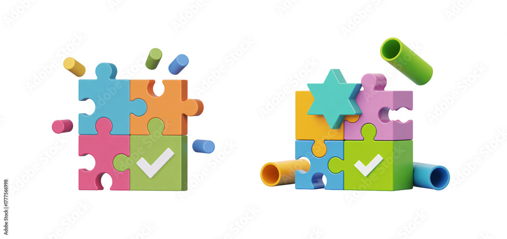 Naklejka premium Colorful puzzle pieces fitting together representing teamwork and problem solving on transparent background