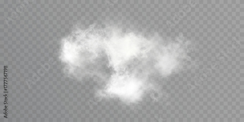 Realistic soft white smoke cloud on transparent background, airy mist element for weather, magic, explosion or decor scenes.