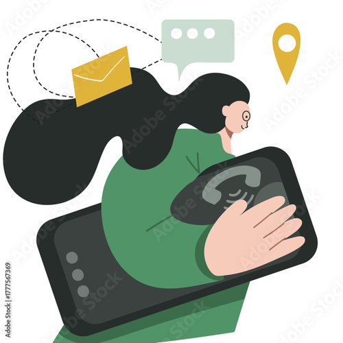 Metaphor, running girl with a huge phone, online training, internet courses, hand-drawn vector illustration.