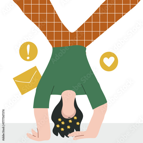 Vector business illustration of a person upside down, promoting out-of-the-box thinking. Concepts for ideas, brainstorming, thinking, solutions, eureka, and bingo.