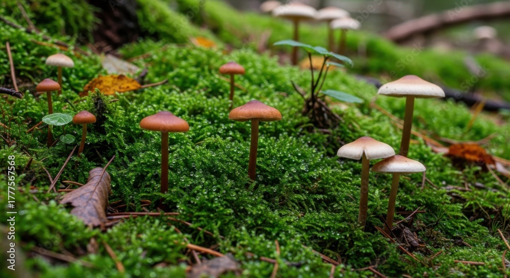 Fototapeta premium Mushrooms Growing in Lush Green Mossy Forest Environment.