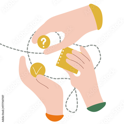 Huge arms, hands have interaction, teamwork, a metaphor of ideaб make solution, hand drawn vector illustration.