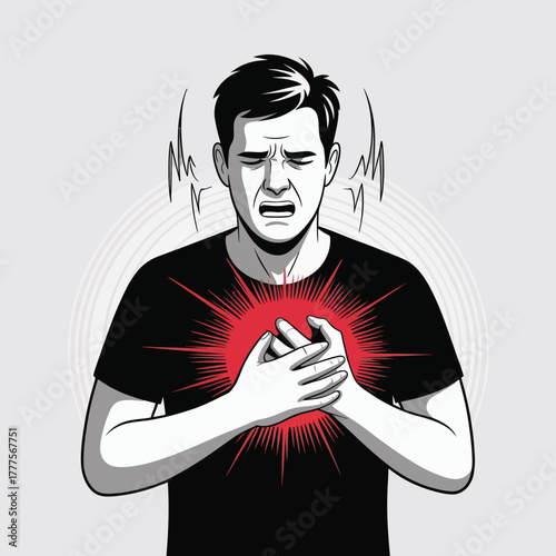 Human Chest Pain Illustration with Man Holding Chest and Radiating Discomfort Effects