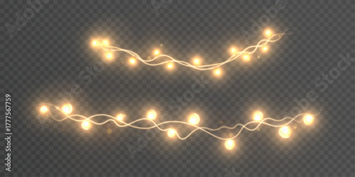 Realistic Christmas lights with warm, bright yellow bulbs on a transparent background. Festive lights for overlaying on dark or light backgrounds.	