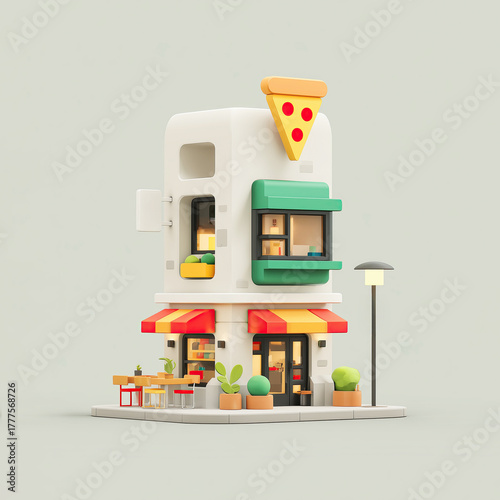 3D render of a tiny and minimalist isometric pizza restaurant isolated on a soft green background