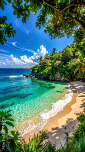 Scenic tropical cove with crystal waters and sandy beach