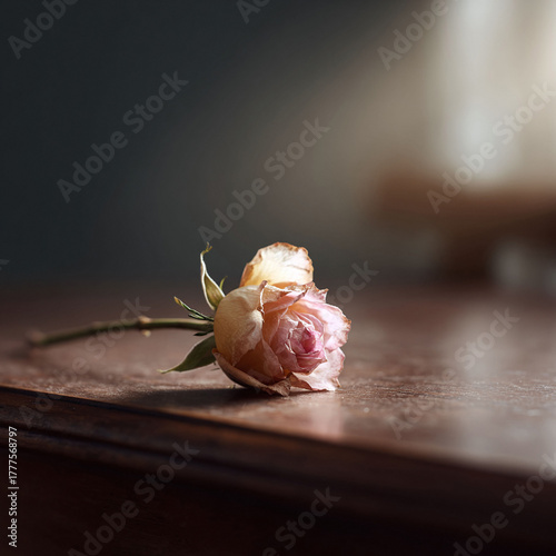 Fototapeta Naklejka Na Ścianę i Meble -  Faded beauty. A delicate, withered rose rests on a wooden surface, bathed in soft light. Evokes nostalgia, lost love, aging, and fleeting moments. Ideal for sentimental themes.
