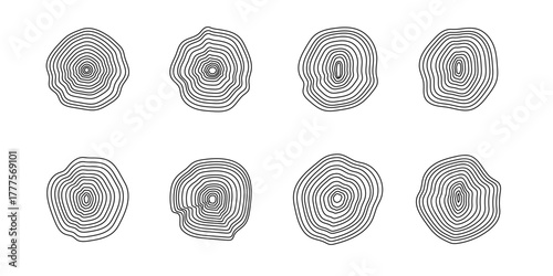 Doodle distorted circles set. Tree rings, wood age. Wavy curve. Vector simple design	