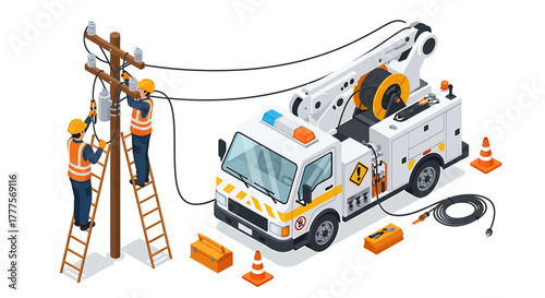 Illustration of two workers in orange vests repairing electrical wires on a pole next to a utility truck with safety cones around, on a white background.