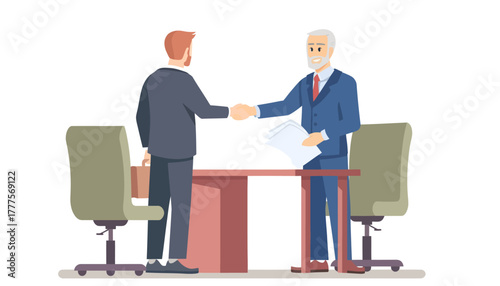 Two businessmen shaking hands over a desk with papers in a formal office setting