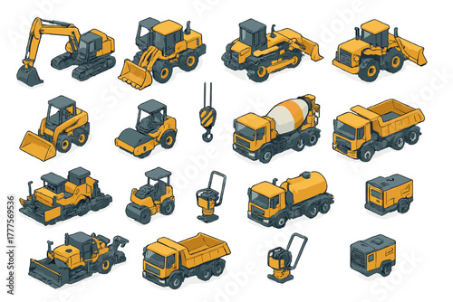 Collection of heavy construction machinery and industrial equipment set in isometric view