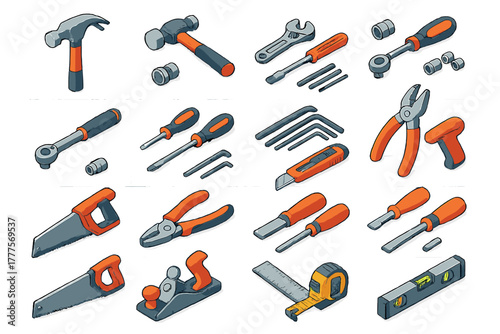 Essential construction and home improvement hand tools set isolated on white