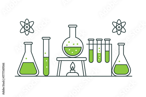 Scientific laboratory setup with glassware, test tubes, flasks, and chemical reaction symbols